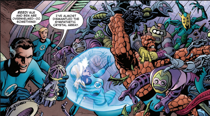 A horde of alien monsters attacks the Fantastic Four, underground.